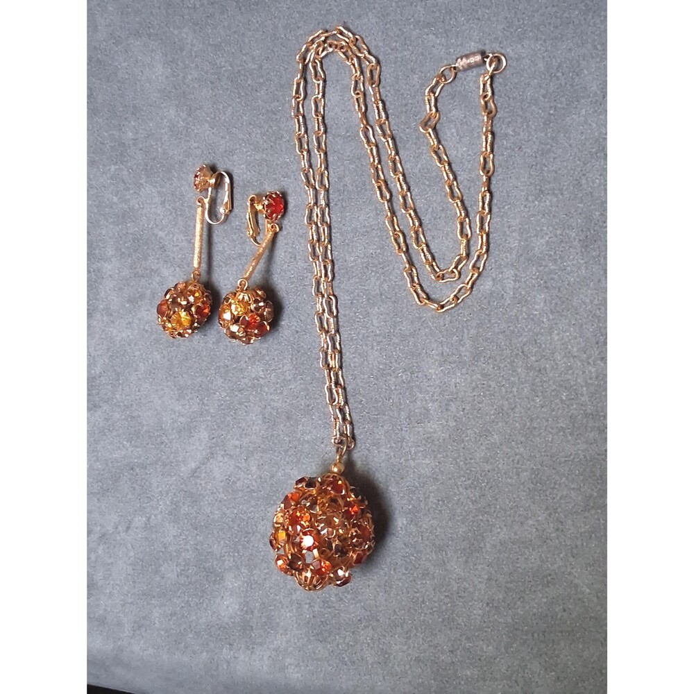 Vintage 1950s Orange Topaz Rhinestone Ball Pendant Necklace Earrings Set
